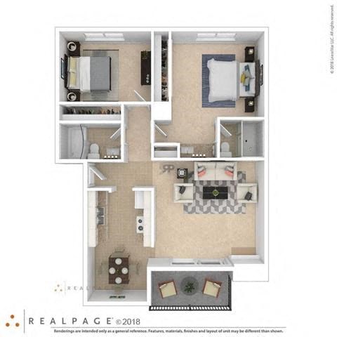 Floor plan for 2 beds, 2 baths, 1050 sqft