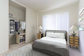 Long Beach apartment for rent - a bedroom with a bed and a closet at Clair Del and Clair Del Gardens, California