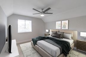 San Diego apartment for rent - a bedroom with a bed and a ceiling fan at Nobel Court, California, 92122