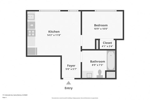 Floor plan for 1 bed, 1 bath, 460 sqft