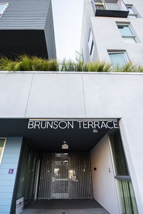 Santa Monica apartment for rent - The entrance to a building with the name Brunson Terrace on it.