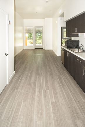 Santa Monica apartment for rent - Sample Unit: Interior of Unit with windows and kitchen