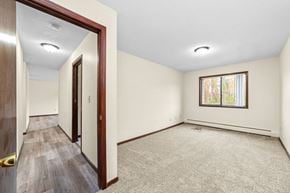 Sandstone apartment for rent - A room with a carpeted floor and a window with a view of trees outside.