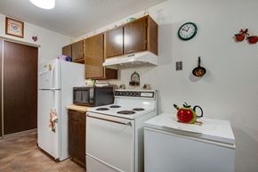 Marshall apartment for rent - a kitchen with white appliances and wooden cabinets and a refrigerator