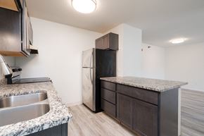 Owatonna apartment for rent - an empty kitchen with granite counter tops and a stainless steel refrigerator