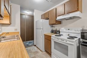 Faribault apartment for rent - a kitchen with white appliances and wooden cabinets and a white refrigerator