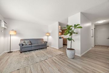 Burnsville townhouse for rent - A grey couch sits in a living room with a floor lamp and a potted plant.