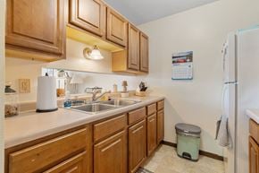 Forest Lake apartment for rent - a kitchen with a sink and refrigerator and wooden cabinets