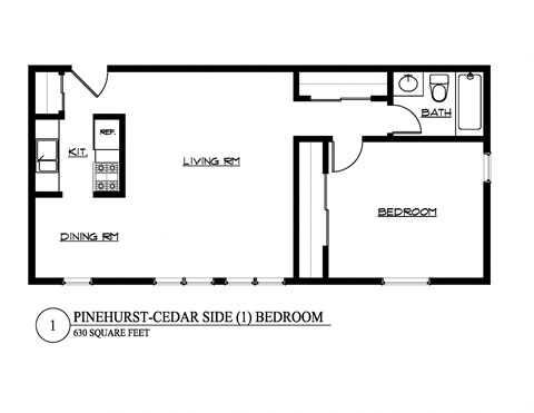 Floor plan for 1 bed, 1 bath, 640 sqft
