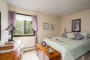 North Branch apartment for rent - A bedroom with a bed, nightstand, and a window with purple curtains.