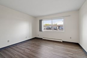Mankato apartment for rent - the living room of an empty apartment with wood flooring and a window