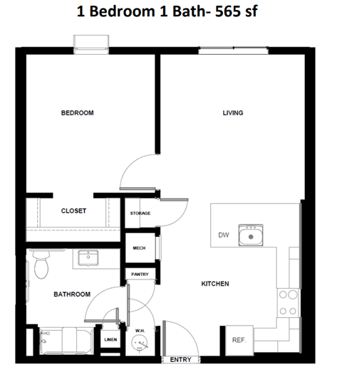 Floor plan for 1 bed, 1 bath, 565 sqft