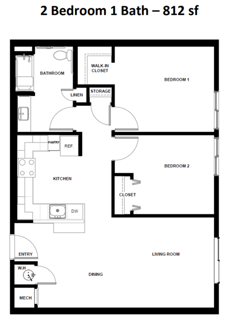 Floor plan for 2 beds, 1 bath, 812 sqft