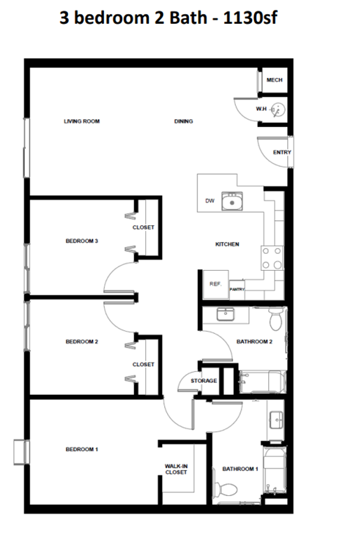 Floor plan for 3 beds, 2 baths, 1048 sqft