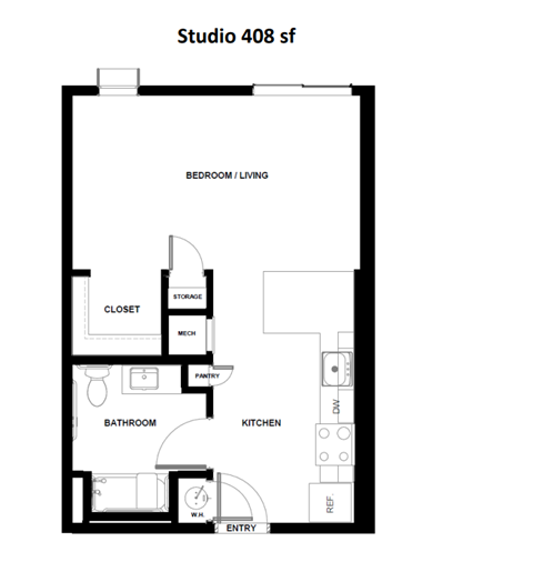 Floor plan for studio, 1 bath, 408 sqft