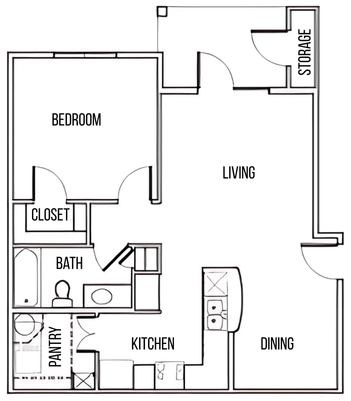 Floor plan for 1 bed, 1 bath, 738 sqft