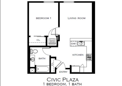 Floor plan for 1 bed, 1 bath, 587 sqft