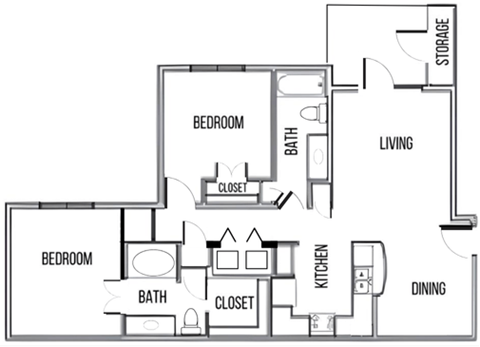 Floor plan for 2 beds, 2 baths, 1039 sqft