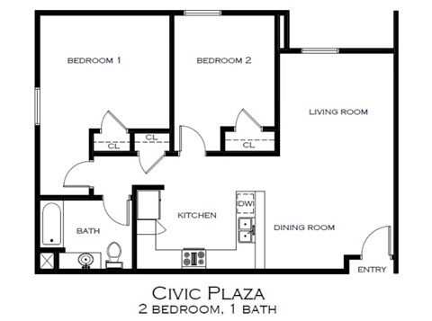 Floor plan for 2 beds, 1 bath, 806 sqft