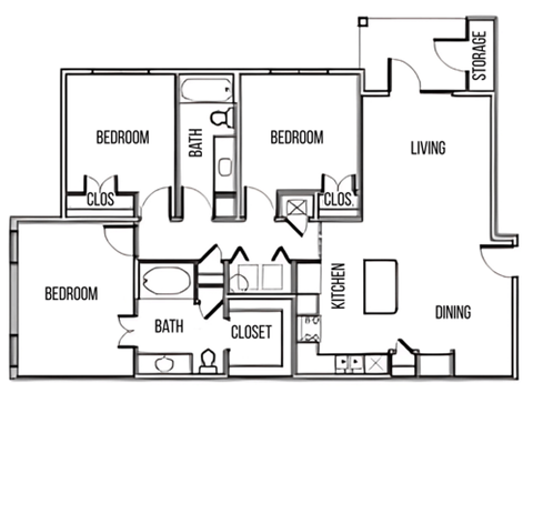 Floor plan for 3 beds, 2 baths, 1248 sqft