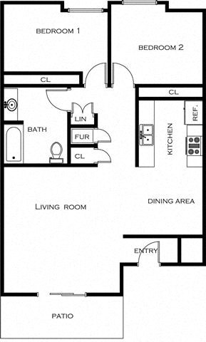 Floor plan for 2 beds, 1 bath, 900 sqft