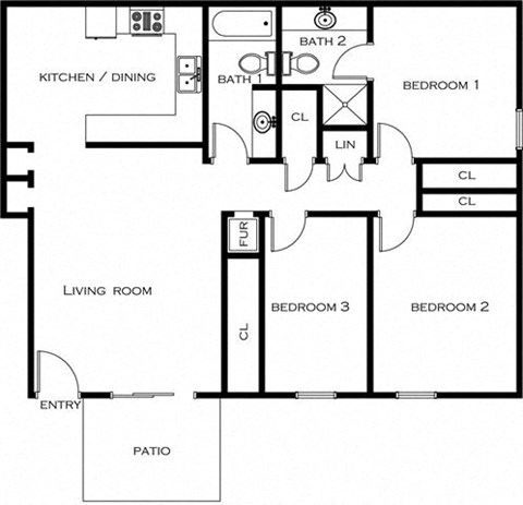 Floor plan for 3 beds, 2 baths, 1050 sqft