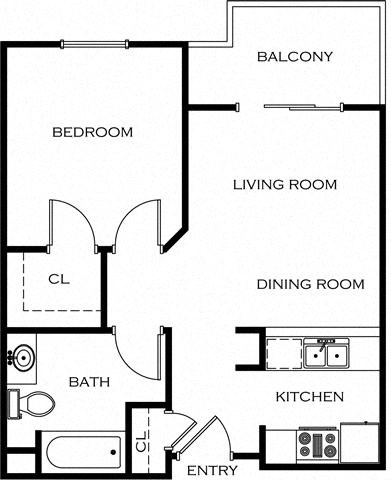 Floor plan for 1 bed, 1 bath, 545 sqft