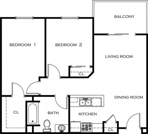 Floor plan for 2 beds, 1 bath, 818 sqft