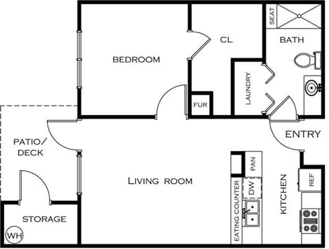 Floor plan for 1 bed, 1 bath, 656 sqft
