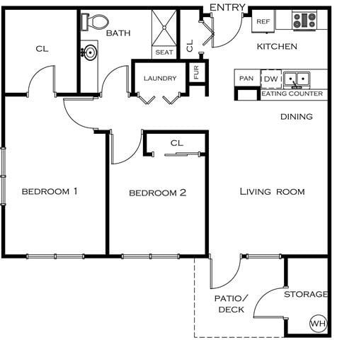 Floor plan for 2 beds, 1 bath, 851 sqft