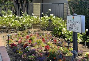 Garden Grove apartment for rent - A garden with a sign that says Leasing Office Inside.