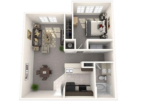 Floor plan for 1 bed, 1 bath, 749 sqft