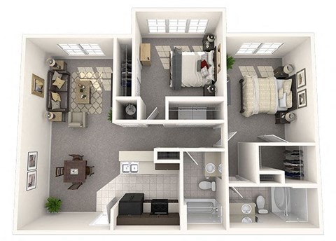 Floor plan for 2 beds, 2 baths, 1047 sqft