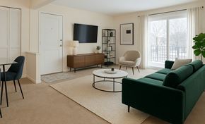Toledo townhouse for rent - A living room with a green couch, a black chair, a white armchair, a coffee table, a flat screen TV, a wooden cabinet, a plant, and a window with white curtains.