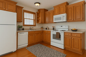 Perrysburg apartment for rent - A kitchen with wooden cabinets and white appliances.