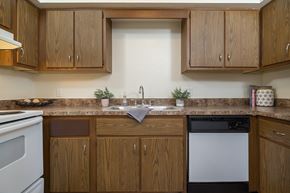 Toledo apartment for rent - A kitchen with wooden cabinets and a white dishwasher.