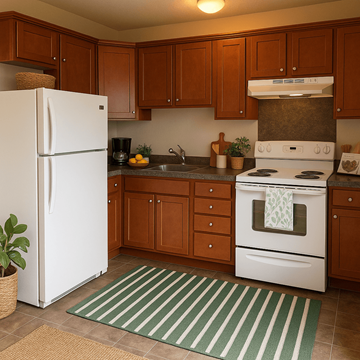 Waterville apartment for rent - A white refrigerator is in a kitchen with brown cabinets.
