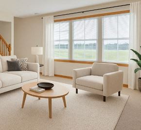 Perrysburg apartment for rent - A living room with a white sofa, a white armchair, a wooden coffee table, and a large window with white curtains.