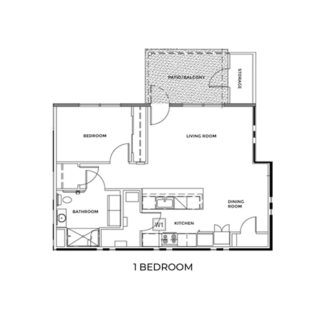 Floor plan for 1 bed, 1 bath, 834 sqft