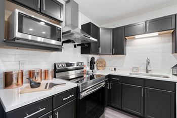 A kitchen with black cabinets and stainless steel appliances and a microwave