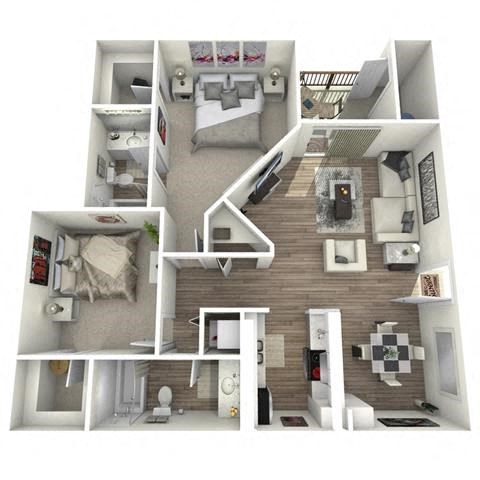 Floor plan for 2 beds, 2 baths, 931 sqft
