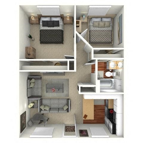 Floor plan for 2 beds, 1 bath, 670 sqft