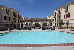 Chino apartment for rent - A swimming pool in front of apartment buildings.