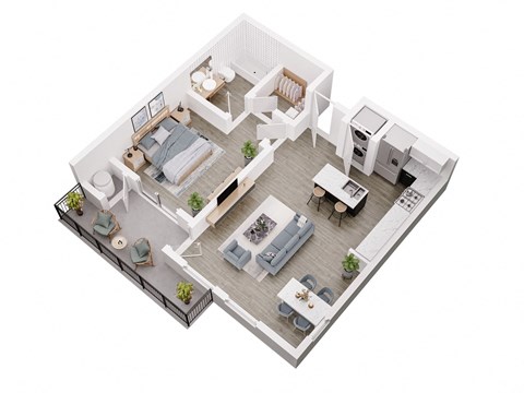 Floor plan for 1 bed, 1 bath, 738 sqft