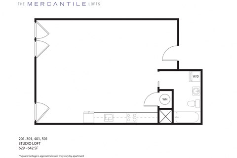 Floor plan for studio, 1 bath, 633 sqft