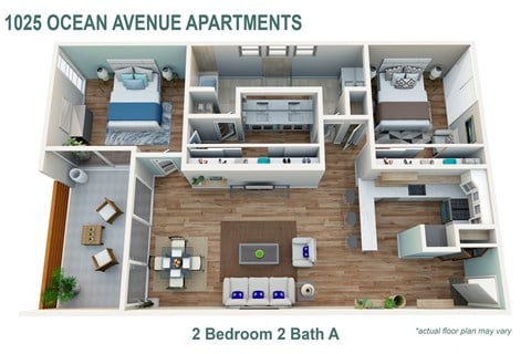 Floor plan for 2 beds, 2 baths, 1300 sqft