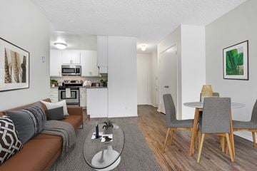Los Angeles apartment for rent - A modern living room with a brown couch and a glass coffee table.