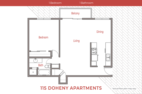 Floor plan for 1 bed, 1 bath, 725 sqft