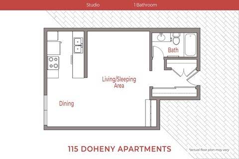 Floor plan for studio, 1 bath, 625 sqft