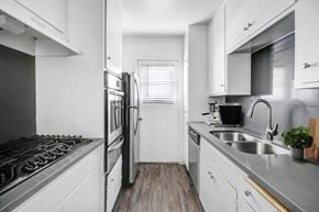 Los Angeles apartment for rent - A modern kitchen with a stainless steel gas stove and a double sink.